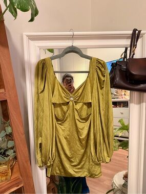 Elegant Olive-Green Satin Dress with Statement Puff Sleeves